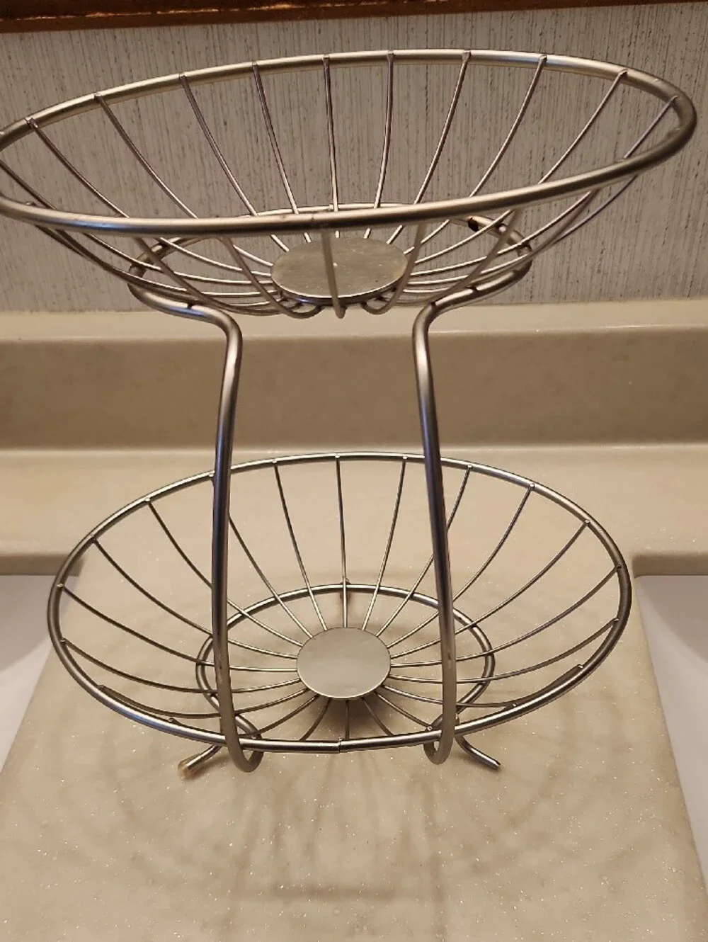Two-Tier Metal Fruit Basket Stand- Silver-tone
